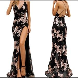 Simple Black Floral Backless Dress